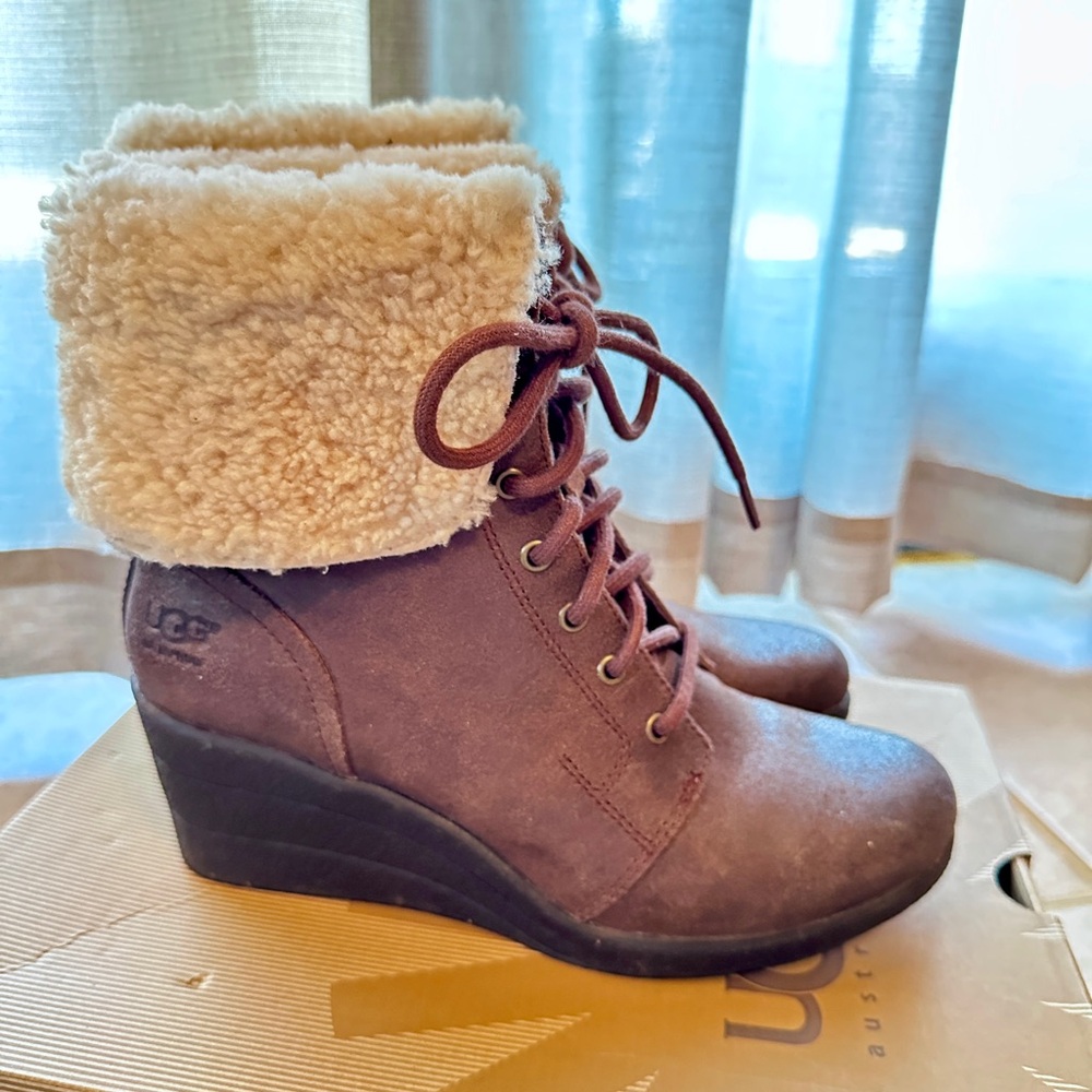UGG Zea Waterproof Brown Winter Boots with Fluffy Cuff and Wedge Heel
